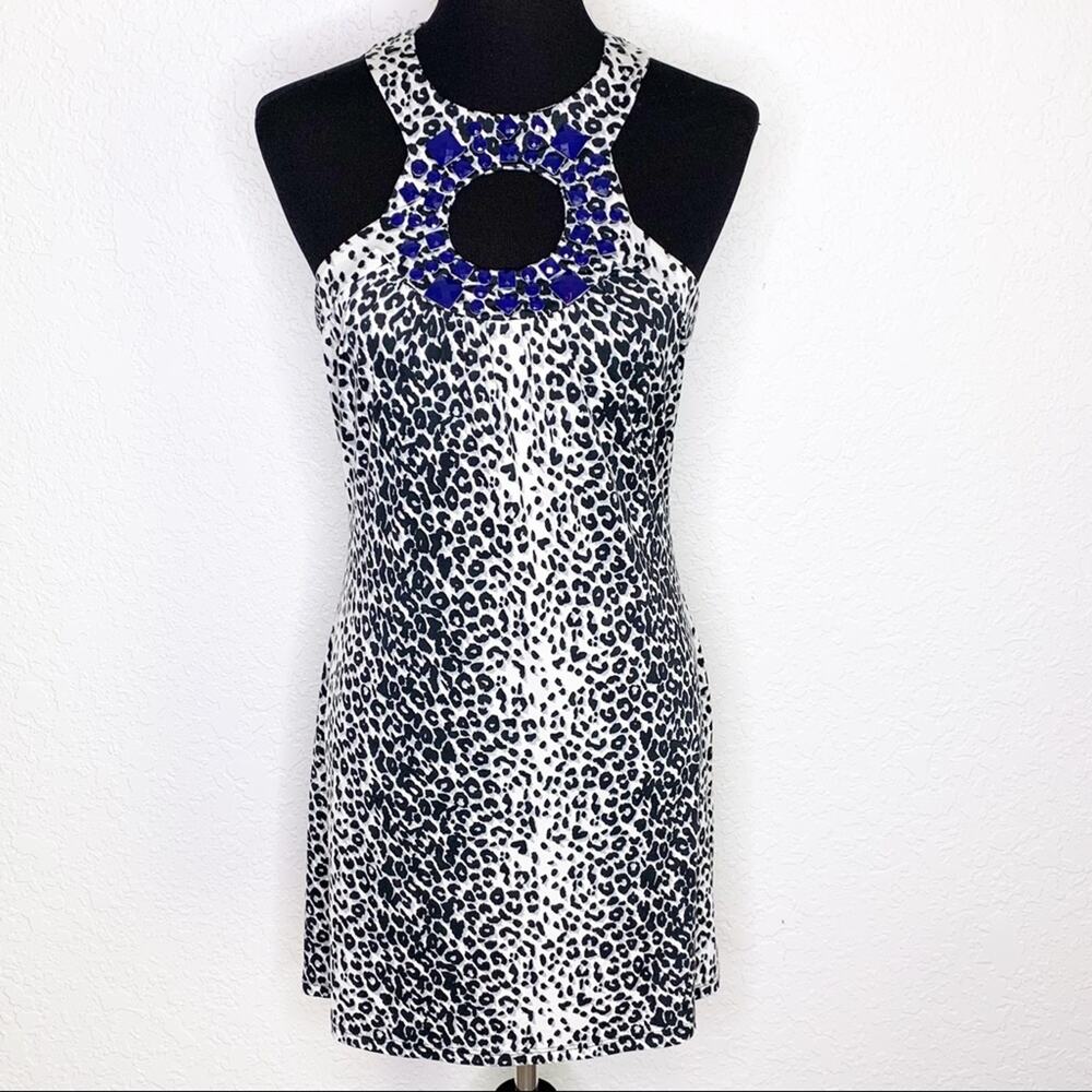 Cache black white animal print blue beaded neckline dress size Medium